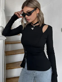 COMMENSE Cutout Panel Button Blouse* Blouses & Shirts|Tops