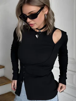 COMMENSE Cutout Panel Button Blouse* Blouses & Shirts|Tops