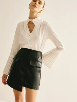 COMMENSE Cutout Plain Button Pleated Cuff Shirt* Blouses & Shirts