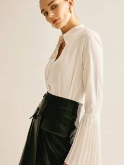 COMMENSE Cutout Plain Button Pleated Cuff Shirt* Blouses & Shirts