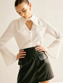 COMMENSE Cutout Plain Button Pleated Cuff Shirt* Blouses & Shirts