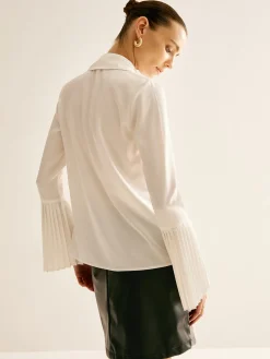 COMMENSE Cutout Plain Button Pleated Cuff Shirt* Blouses & Shirts