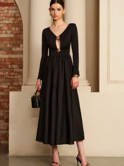 COMMENSE Cutout Pleated Panel Dress* Black Dresses|Casual Dresses