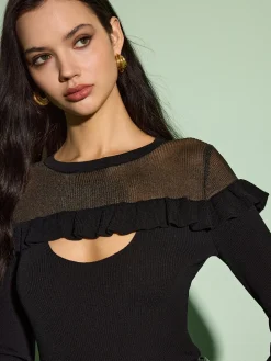 COMMENSE Cutout Ruffle Sheer Panel Knit Top* Knitwear|Tops