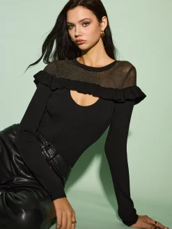 COMMENSE Cutout Ruffle Sheer Panel Knit Top* Knitwear|Tops