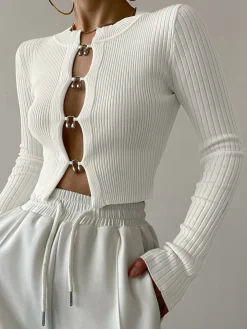 COMMENSE Cutout Split Beads Detail Ribbed Knit Top* Sweater Tops|Sweaters & Cardigans