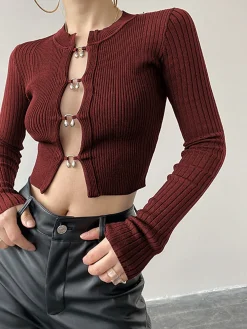 COMMENSE Cutout Split Beads Detail Ribbed Knit Top* Sweater Tops|Sweaters & Cardigans