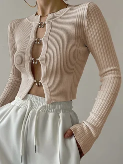 COMMENSE Cutout Split Beads Detail Ribbed Knit Top* Sweater Tops|Sweaters & Cardigans