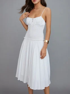 COMMENSE Cutout Tie Front Pleated Cami Midi Dress* White Dresses|Casual Dresses