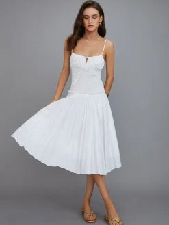 COMMENSE Cutout Tie Front Pleated Cami Midi Dress* White Dresses|Casual Dresses