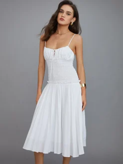 COMMENSE Cutout Tie Front Pleated Cami Midi Dress* White Dresses|Casual Dresses