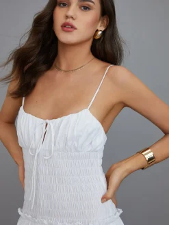 COMMENSE Cutout Tie Front Pleated Cami Midi Dress* White Dresses|Casual Dresses
