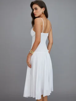 COMMENSE Cutout Tie Front Pleated Cami Midi Dress* White Dresses|Casual Dresses