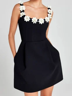 COMMENSE 3D Flower Back Zipper Tank Dress* Black Dresses|Casual Dresses
