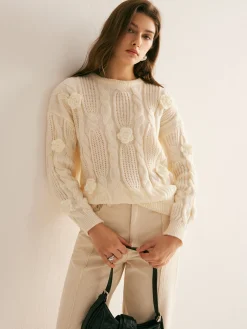 COMMENSE 3D Flower Cable-Knit Pullover Sweater* Sweater Tops|Sweaters & Cardigans