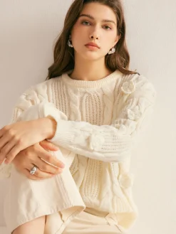 COMMENSE 3D Flower Cable-Knit Pullover Sweater* Sweater Tops|Sweaters & Cardigans