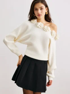 COMMENSE 3D Flower Cold-Shoulder Sweater* Sweater Tops|Sweaters & Cardigans
