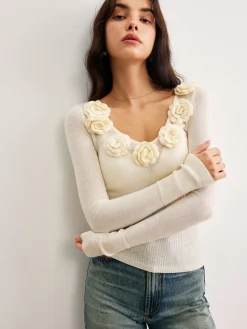 COMMENSE 3D Flower Semi-Sheer Knit Top* Sweater Tops|Sweaters & Cardigans