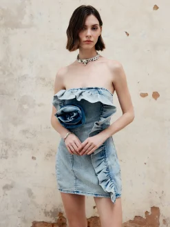 COMMENSE 3D Flower Strapless Denim Short Dress* Denim|Dresses