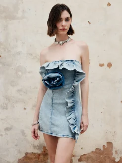 COMMENSE 3D Flower Strapless Denim Short Dress* Denim|Dresses
