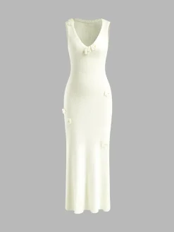 COMMENSE 3D Flower V-Neck Sweater Dress* White Dresses|Sweater Dresses
