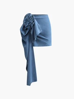COMMENSE 3D Rose Flower Denim A Line Short Skirt* Skirts|Denim