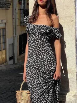 COMMENSE Daisy Floral Print Long Dress* Black Dresses|Floral Dresses