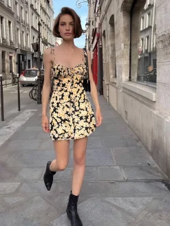 COMMENSE Daisy Printed Floral Short Dress* Black Dresses|Floral Dresses