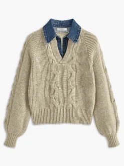 COMMENSE Denim Panel Ribbed Lapel Sweater* Sweater Tops|Sweaters & Cardigans