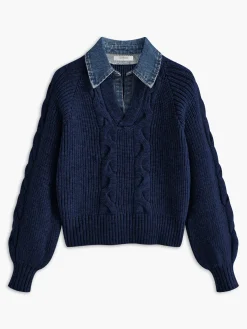 COMMENSE Denim Panel Ribbed Lapel Sweater* Sweater Tops|Sweaters & Cardigans