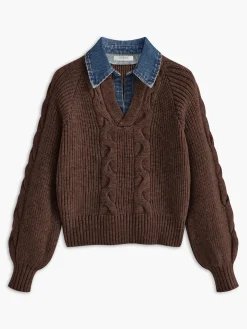COMMENSE Denim Panel Ribbed Lapel Sweater* Sweater Tops|Sweaters & Cardigans