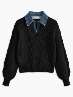 COMMENSE Denim Panel Ribbed Lapel Sweater* Sweater Tops|Sweaters & Cardigans