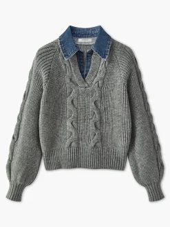COMMENSE Denim Panel Ribbed Lapel Sweater* Sweater Tops|Sweaters & Cardigans