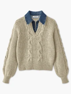 COMMENSE Denim Panel Ribbed Lapel Sweater* Sweater Tops|Sweaters & Cardigans