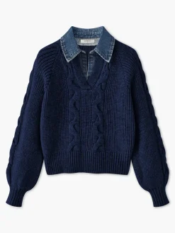 COMMENSE Denim Panel Ribbed Lapel Sweater* Sweater Tops|Sweaters & Cardigans