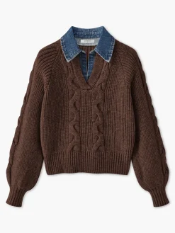 COMMENSE Denim Panel Ribbed Lapel Sweater* Sweater Tops|Sweaters & Cardigans