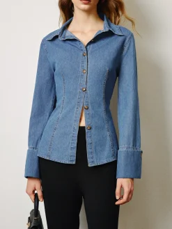 COMMENSE Denim Slim Polo Shirt* Denim|Tops
