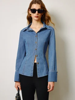 COMMENSE Denim Slim Polo Shirt* Denim|Tops