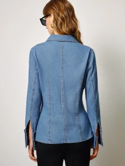 COMMENSE Denim Slim Polo Shirt* Denim|Tops