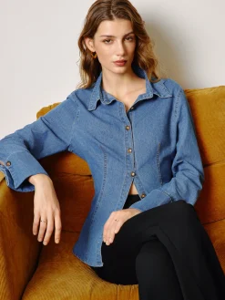 COMMENSE Denim Slim Polo Shirt* Denim|Tops