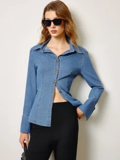 COMMENSE Denim Slim Polo Shirt* Denim|Tops