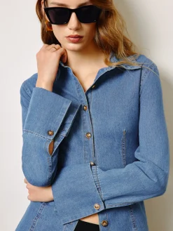 COMMENSE Denim Slim Polo Shirt* Denim|Tops
