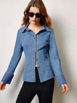 COMMENSE Denim Slim Polo Shirt* Denim|Tops