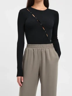 COMMENSE Diagonal Buttoned Keyhole Long Sleeve Top* Sweater Tops|T-shirts