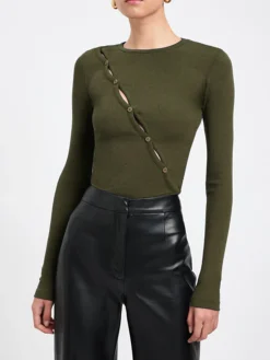 COMMENSE Diagonal Buttoned Keyhole Long Sleeve Top* Sweater Tops|T-shirts