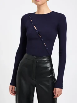 COMMENSE Diagonal Buttoned Keyhole Long Sleeve Top* Sweater Tops|T-shirts