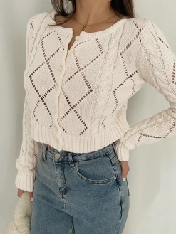 COMMENSE Diamonds Eyelet Button Up Knit Top* Cardigans|Sweaters & Cardigans