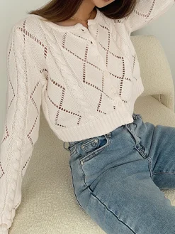 COMMENSE Diamonds Eyelet Button Up Knit Top* Cardigans|Sweaters & Cardigans