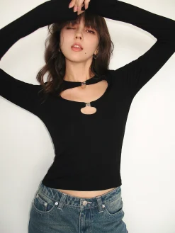 COMMENSE Double Keyholes Long Sleeve Top* T-shirts|Tops