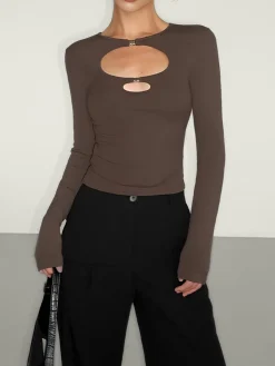 COMMENSE Double Keyholes Long Sleeve Top* T-shirts|Tops